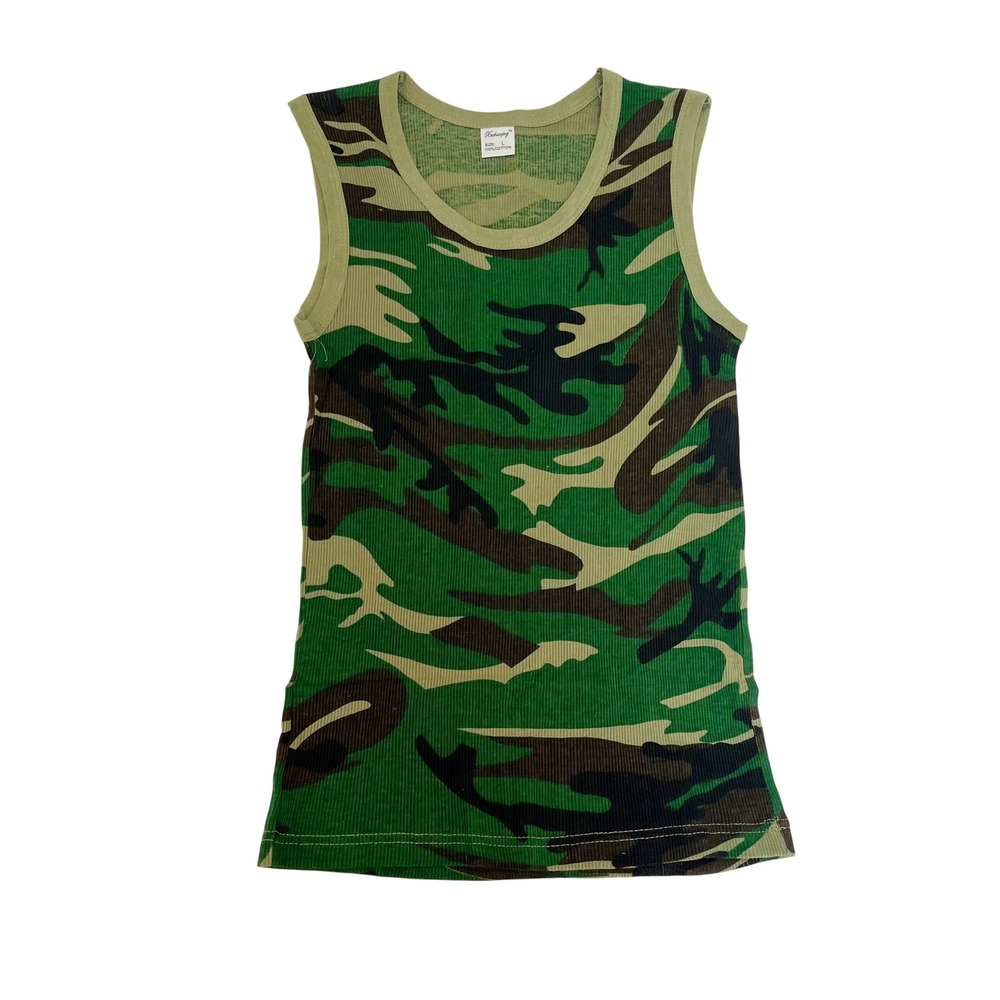 Y2K Green Camo Ribbed Tank Top McBling Biker 00s Grunge Gorpcore - Size Large